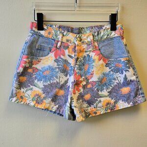 Vintage Paris Blues Floral Denim High-Waisted Retro Soft Girl Shorts 27‎ Rare